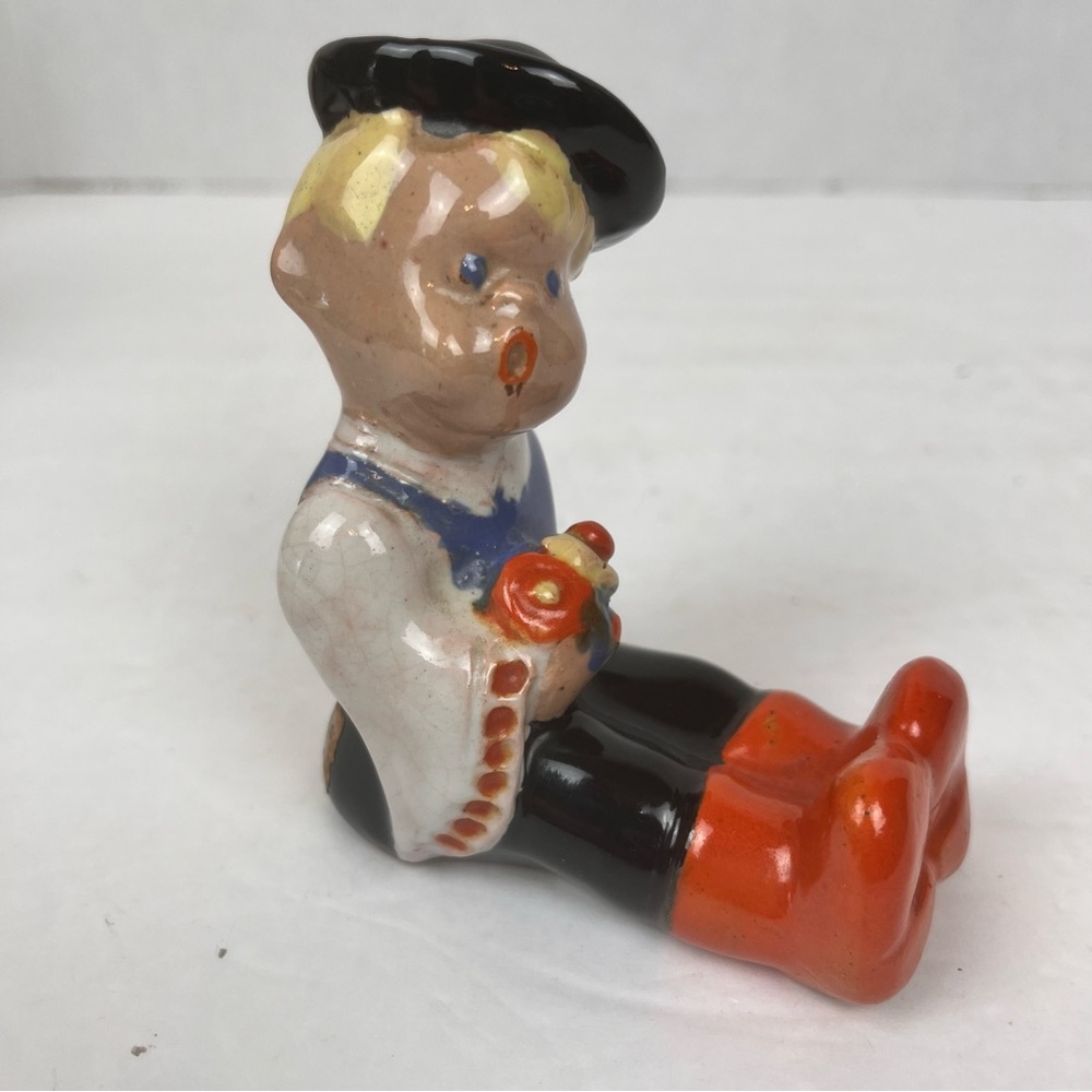 Komlos Brothers-Budapest sitting boy figure w/flowers-RARE-Art Deco pottery